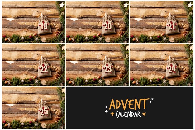 Wooden frames with pouched numbers concept for advent calendar