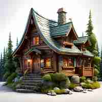 Free photo wooden house in the forest 3d render illustration on white background