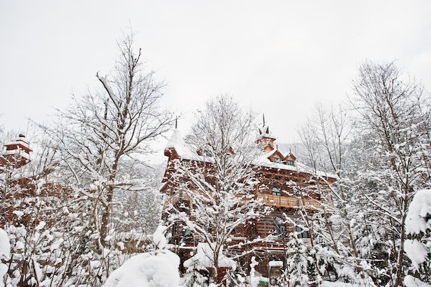 Wooden house at pine trees forest covered by snow Beautiful winter landscapes Frost nature