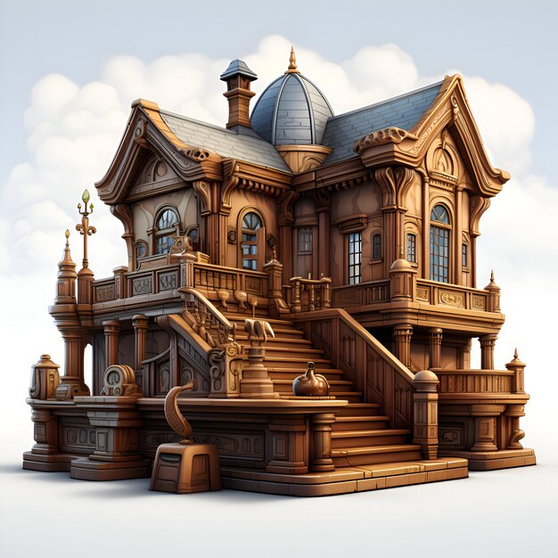 Wooden house in the style of a fairy tale 3D rendering