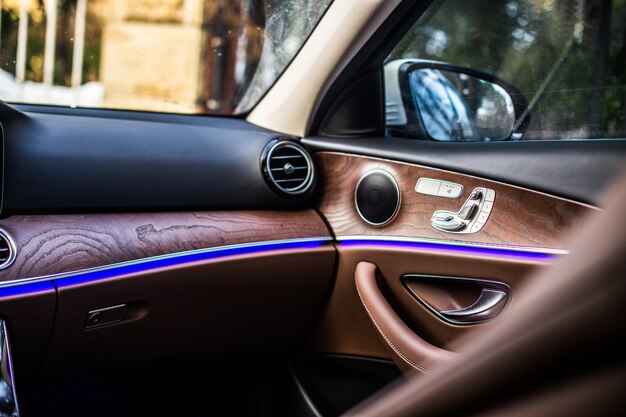 Wooden interior of a luxury car.