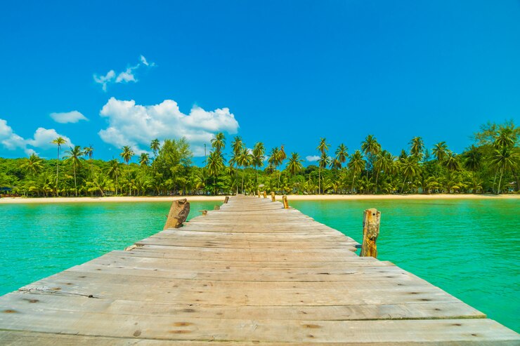 Free Photo wooden pier or bridge with tropical beach and sea in paradise island