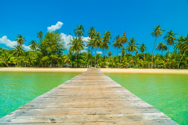 Pilastro di legno o ponte con spiaggia tropicale e mare nell'isola di paradiso