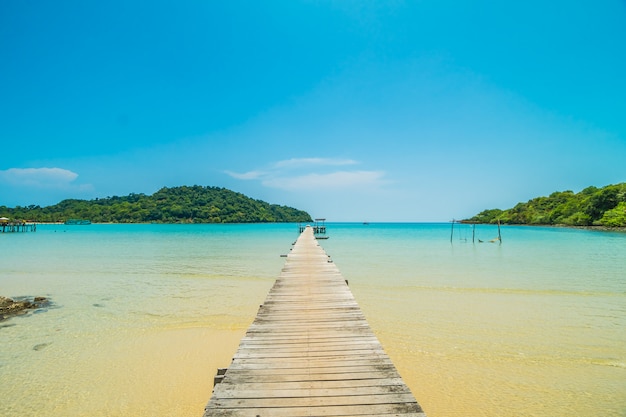 Wooden pier or bridge with tropical beach 