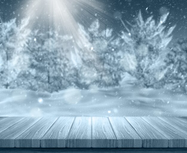 Wooden plank with snowy landscape