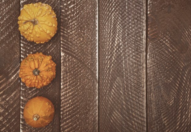 Wooden plank and yellow pumpkins