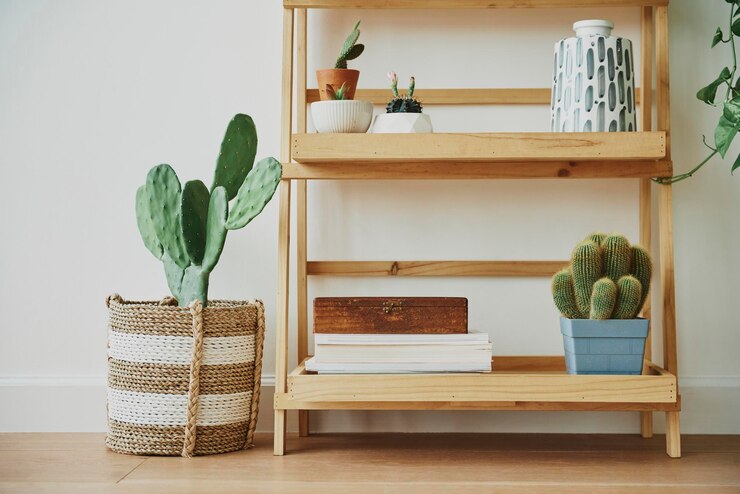 Free Photo wooden plant shelf with mixed plants