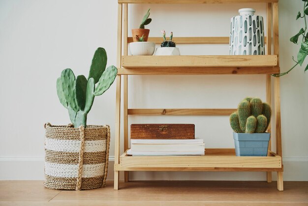 Wooden plant shelf with mixed plants