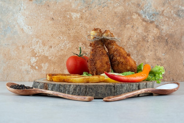 A wooden plate with fried chicken and vegetables on marble