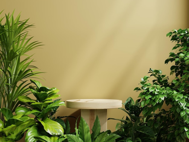 Wooden podium display with leaf shadow composition for product presentation