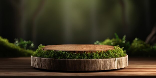 Wooden podium with green moss natural and organic