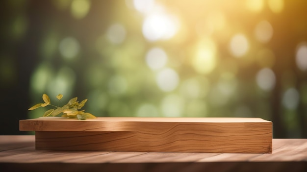 Wooden product display podium with blurred nature leaves background Generative Ai