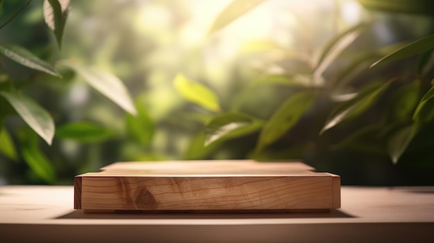 Wooden product display podium with blurred nature leaves background Generative Ai