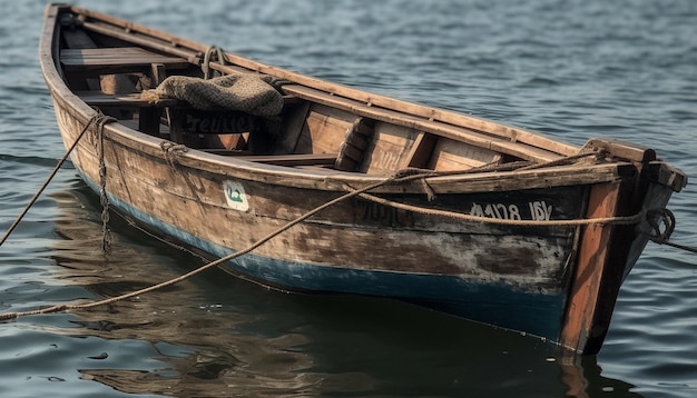 Wooden rowboat fastened to jetty tranquil scene generated by AI