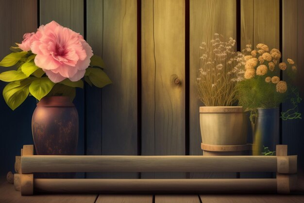 A wooden shelf with flowers on it and a wooden fence in the background.