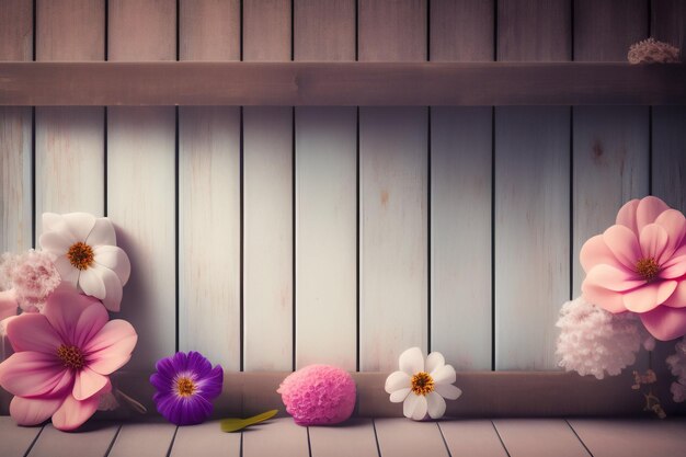 花が飾られた木製の棚