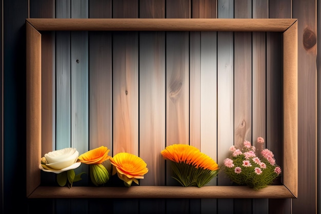 A wooden shelf with flowers on it
