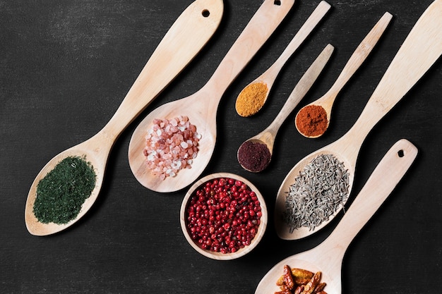 Wooden spoons with powder seasoning on table
