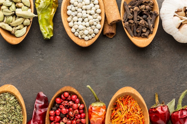 Wooden spoons with variety of spices aligned