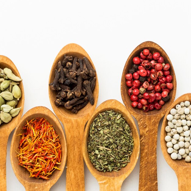 Wooden spoons with variety of spices close-up