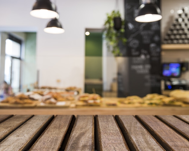 Wooden surface looking out to bakery