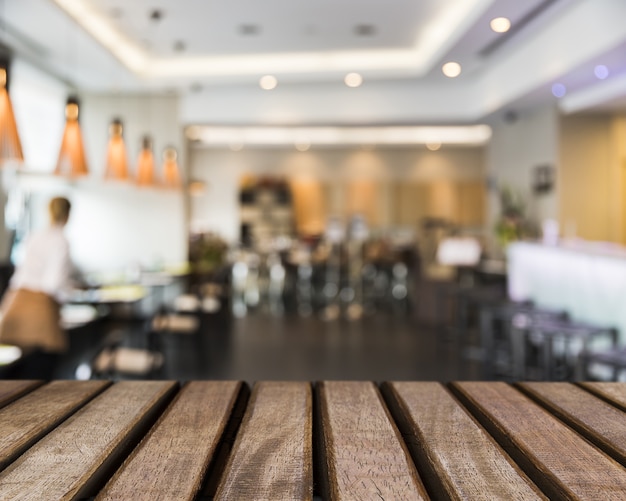 Wooden surface looking out to restaurant scene