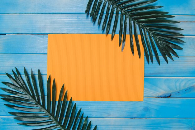 Wooden surface with blank paper and palm leaves