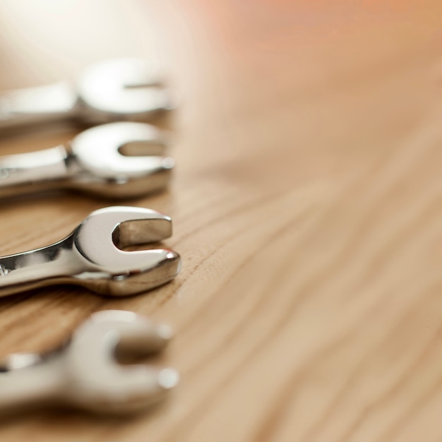 Wooden surface with wrenches