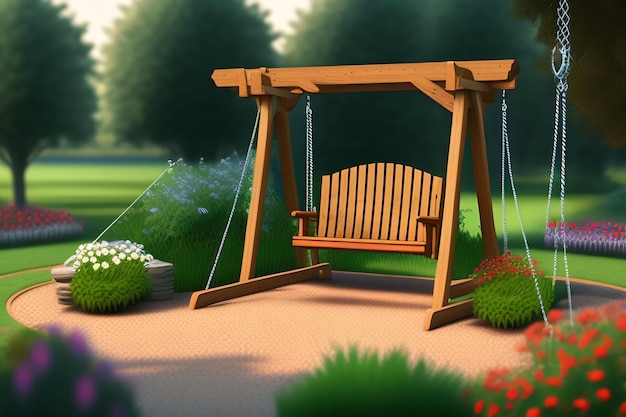 Free photo a wooden swing in a garden with flowers and plants.