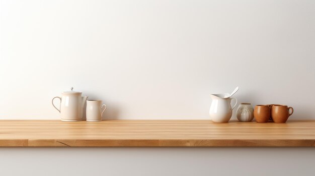 Wooden table against a white kitchen wall perfect for product displays