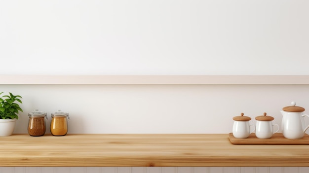 製品ディスプレイに最適な白いキッチンの壁に沿った木製のテーブル