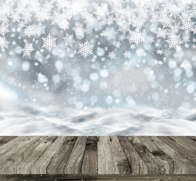 Free photo wooden table on a christmas background with snow and bokeh lights