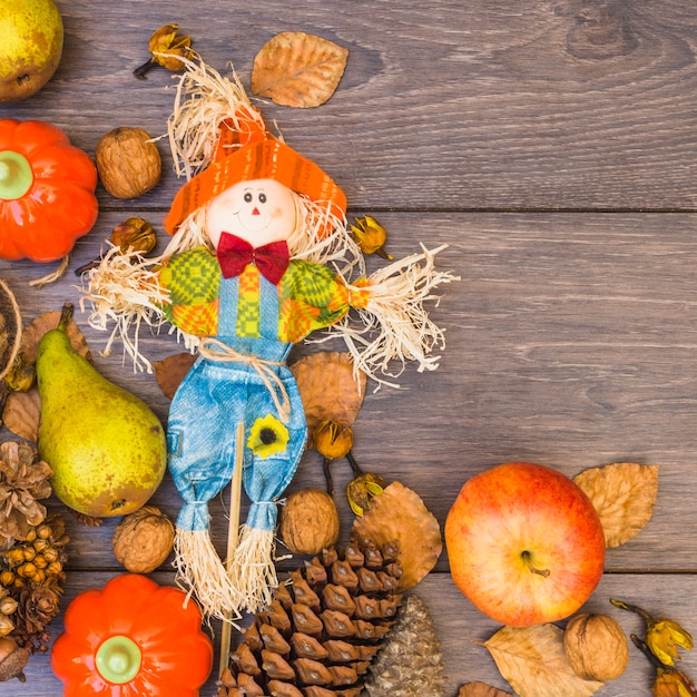 Wooden table covered with vegetables