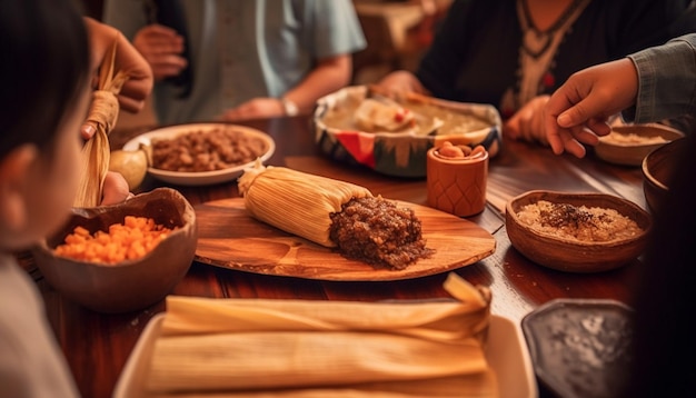 Wooden table homemade meal happy family togetherness generated by AI