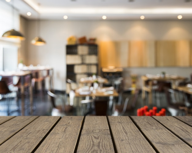 Wooden table looking out to empty restaurant