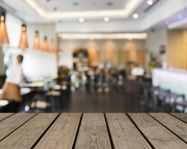 Wooden table looking out to restaurant