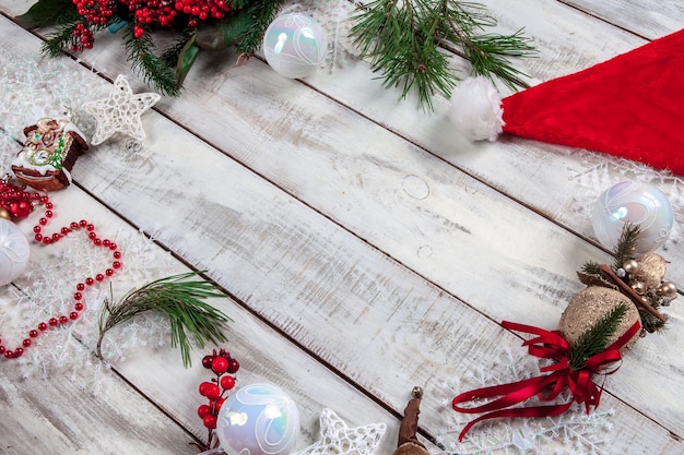 wooden table with Christmas decorations with copy space for text.