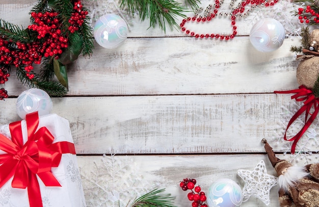 wooden table with Christmas decorations with copy space for text.