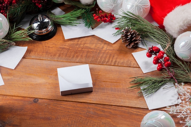 wooden table with Christmas decorations with copy space for text.