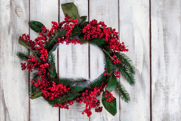 wooden table with Christmas decorations with copy space for text.