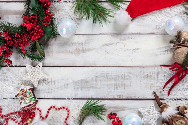 wooden table with Christmas decorations with copy space for text