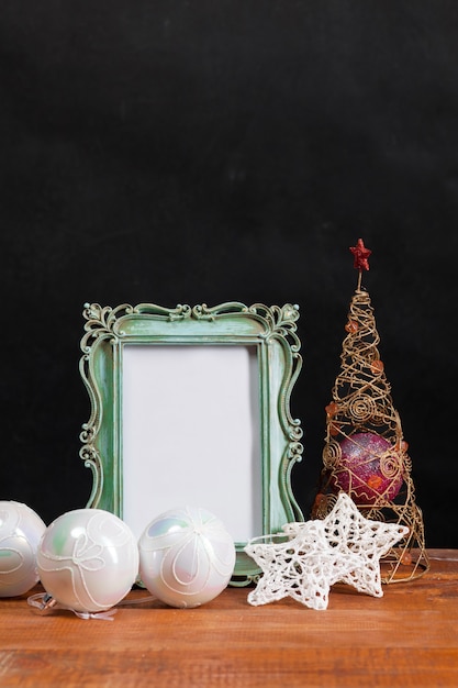 The wooden table with Christmas decorations