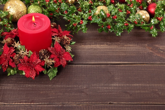 Wooden table with christmas elements