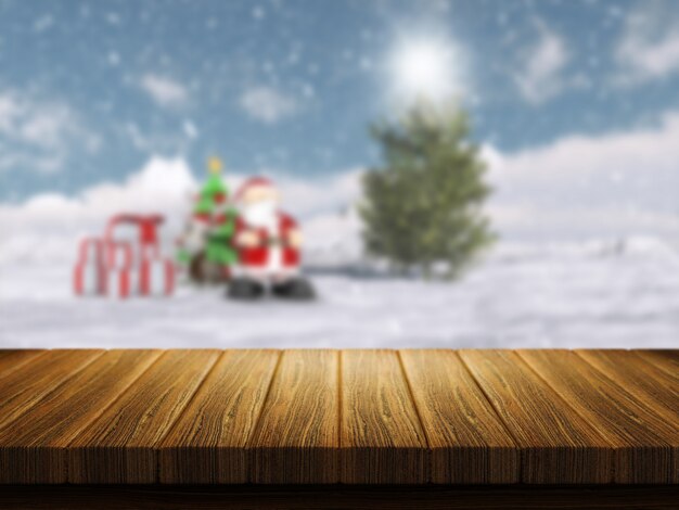 バックグラウンドでのデフォーカスクリスマスサンタの風景と木製のテーブルのレンダリング3D