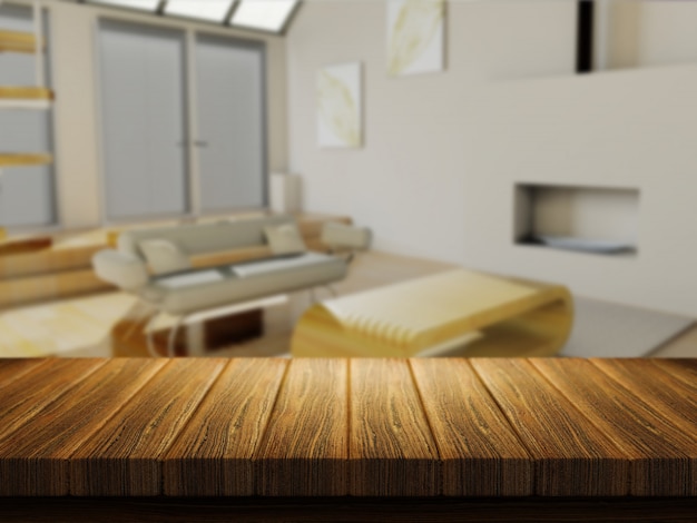 Wooden table with defocussed lounge