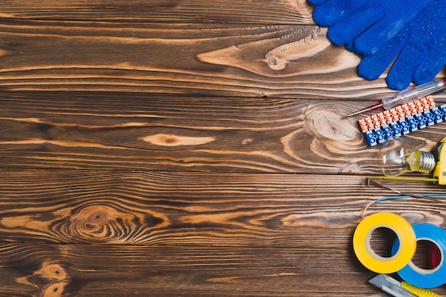 Wooden table with electrical equipment