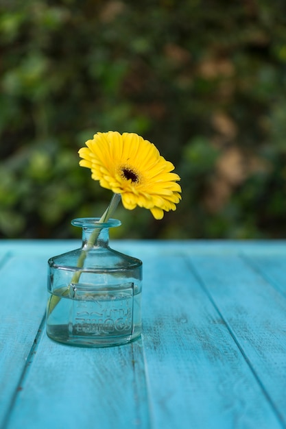 Free photo wooden table with glass vase and yellow daisy