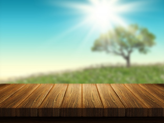 Wooden table with tree landscape in background