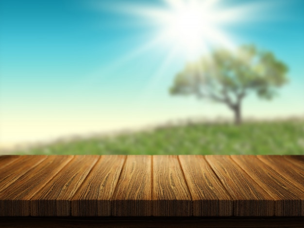 Деревянный стол с деревом пейзаж в фоновом режиме
