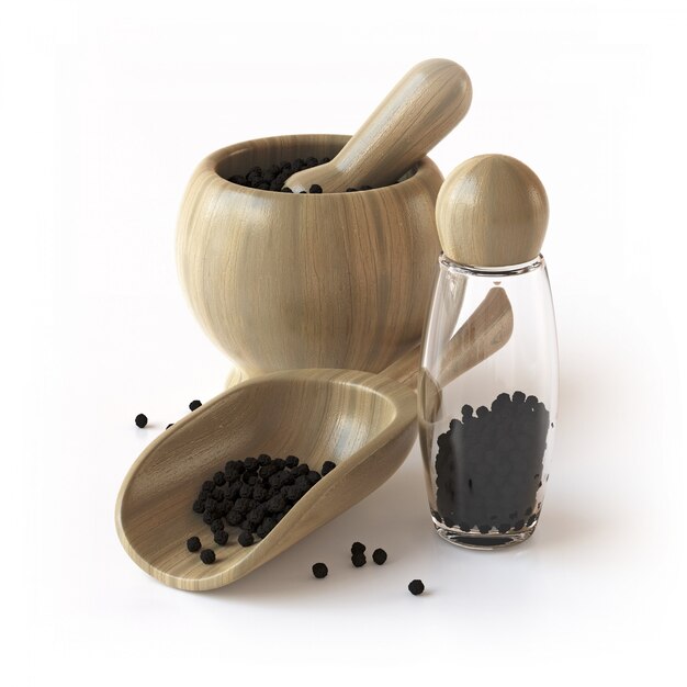 Wooden tableware with black pepper seeds